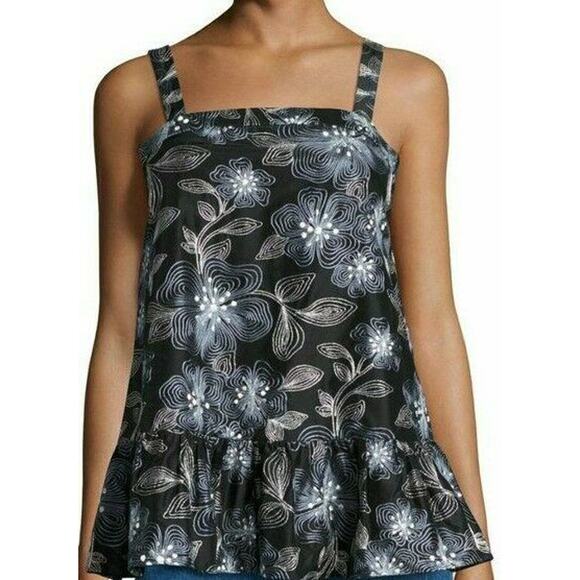 NEW‎ $595 CO Blouse Top 100% Silk Embroidered Top Floral Ruffle Size Medium - Picture 1 of 10